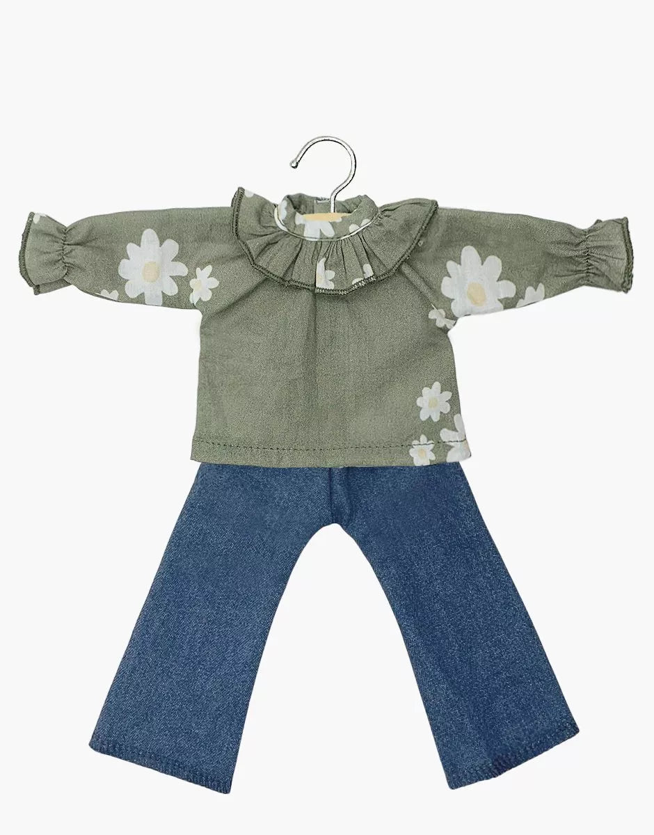 Amigas – Ensemble Sara avec blouse à collerette Marguerites et pantalon jean bleu