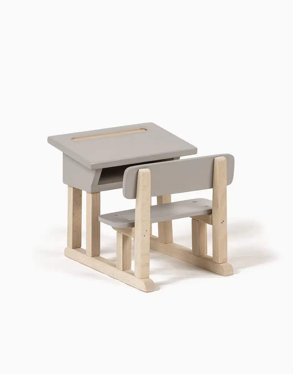Pupitre d'écolier simple pour poupée Minikane en bois gris poudré