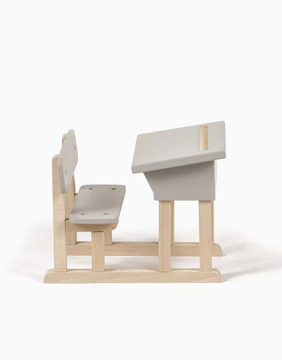 Pupitre d'écolier simple pour poupée Minikane en bois gris poudré