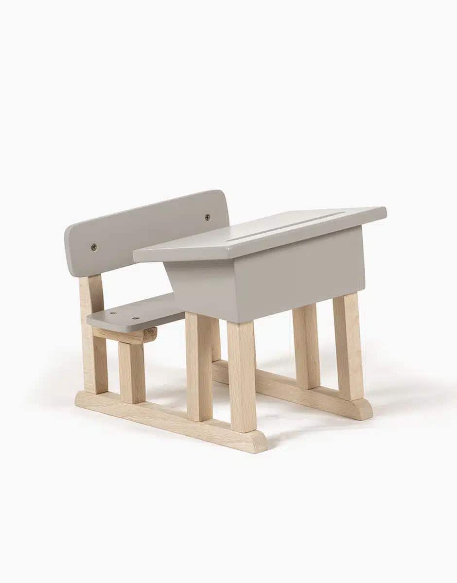Pupitre d'écolier simple pour poupée Minikane en bois gris poudré