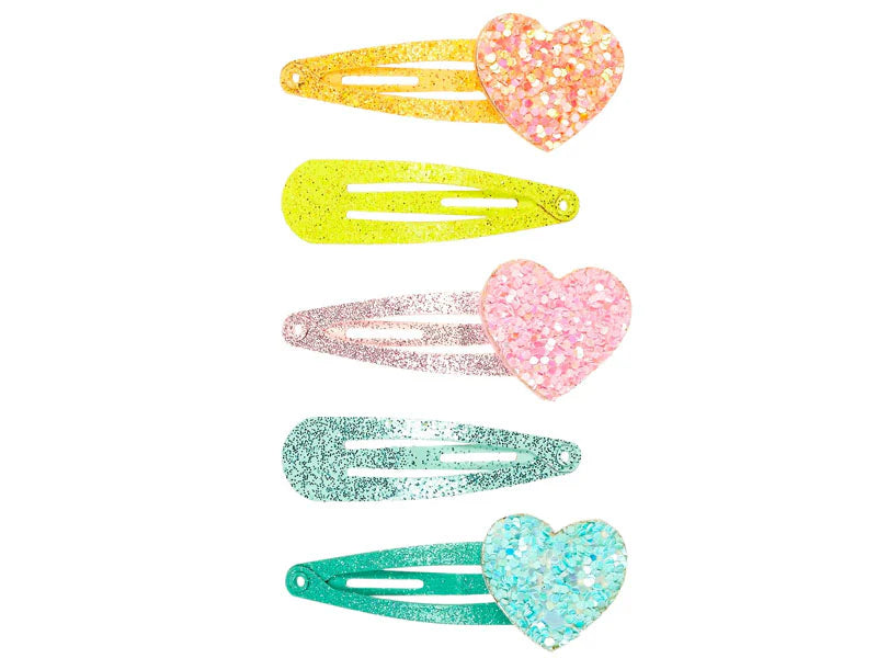 Lot de 5 Barrettes Héloise - Coeur pailleté - Rose, bleu et orange - SOUZA