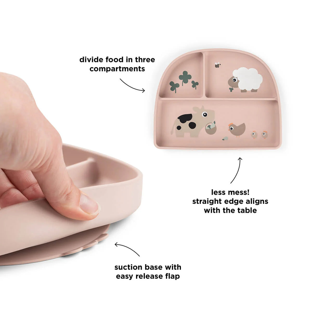 Assiette ventouse compartimentée Tiny farm Rose
