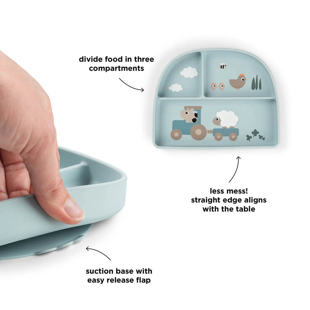 Assiette ventouse compartimentée Tiny farm Bleu