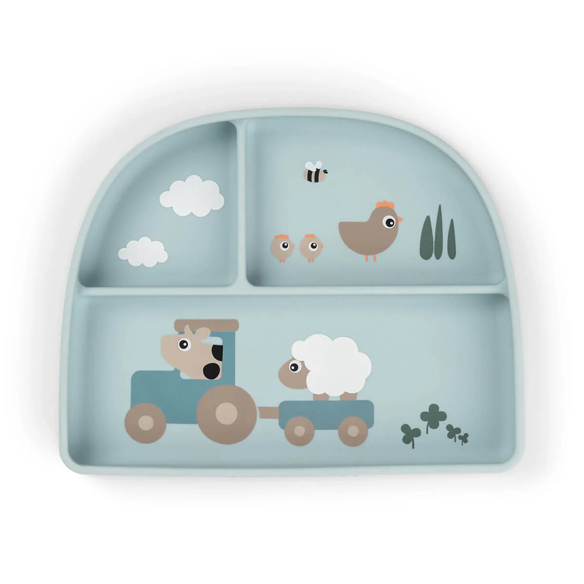 Assiette ventouse compartimentée Tiny farm Bleu