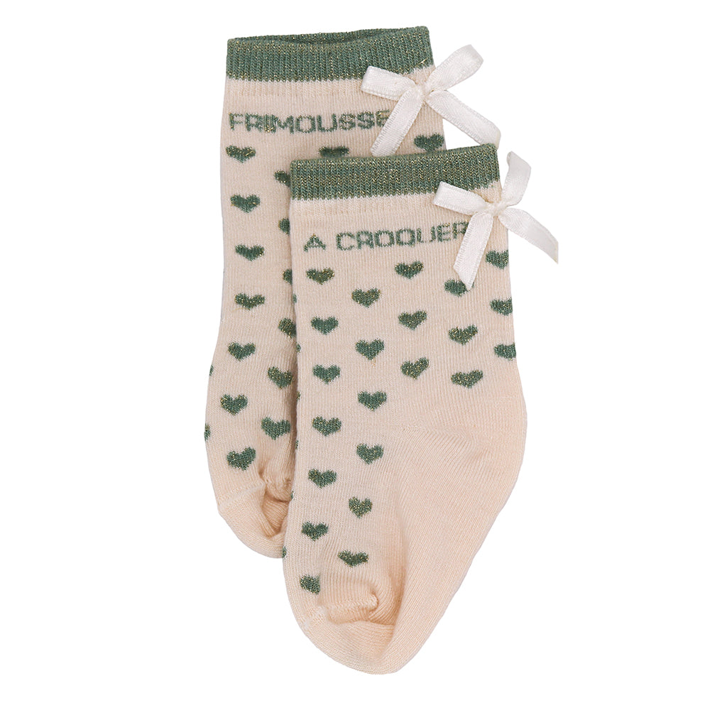 Chaussettes cœurs "Frimousse à croquer" vert de gris  - 6-18M