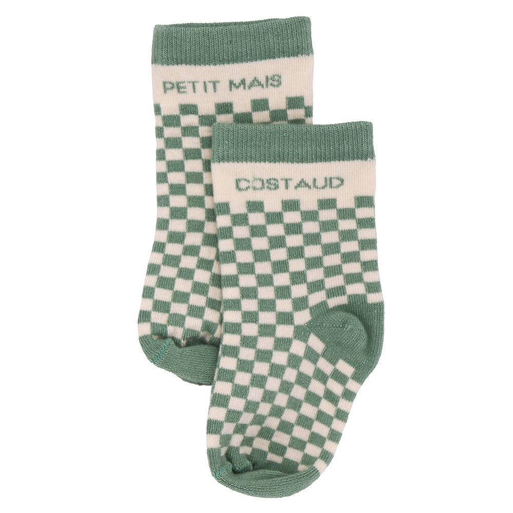 Chaussettes damier "Petit mais Costaud" vert de gris -  6-18M