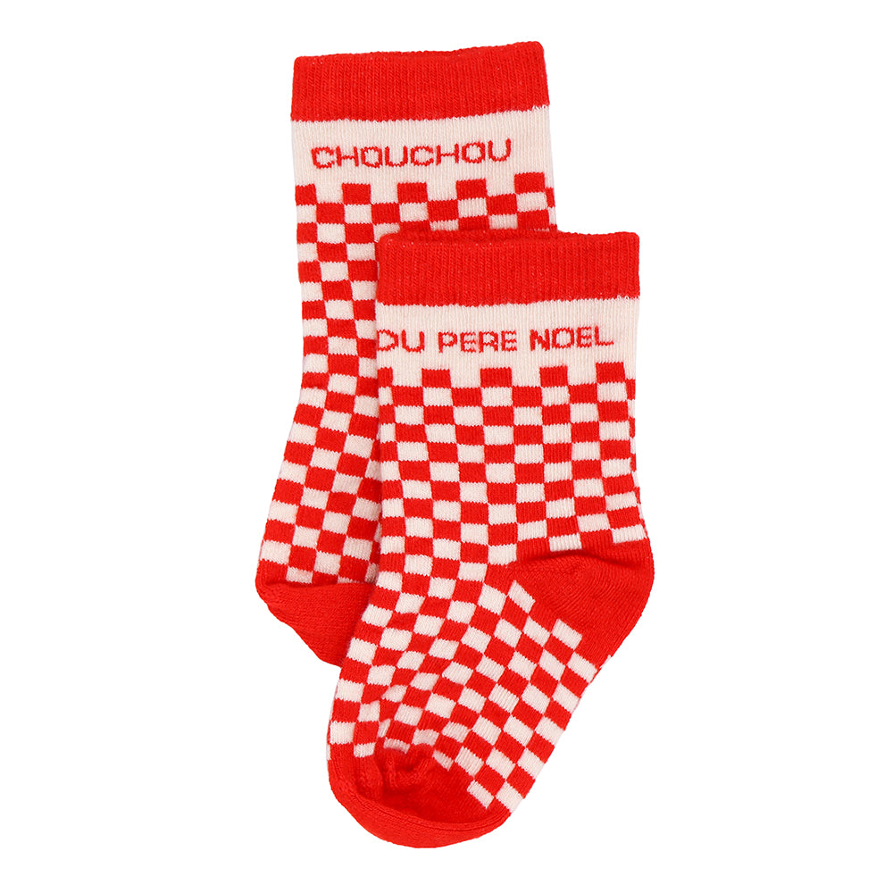 Chaussettes damier "Chouchou du Père Noël" rouge -  6-18M