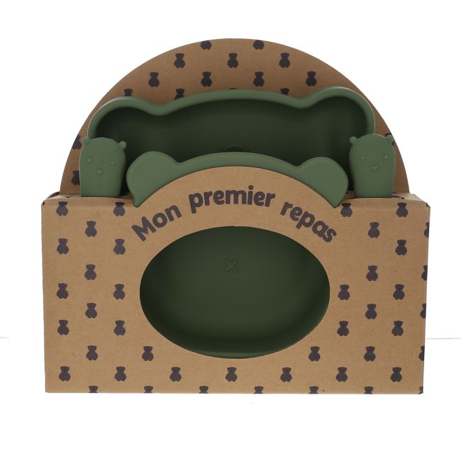 Coffret premier repas bébé silicone kaki