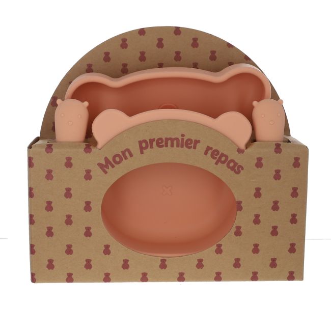 Coffret premier repas bébé silicone pêche