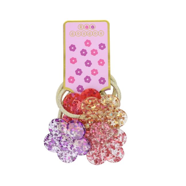 Lot de 4 élastiques cheveux dorés et fleurs pailletées