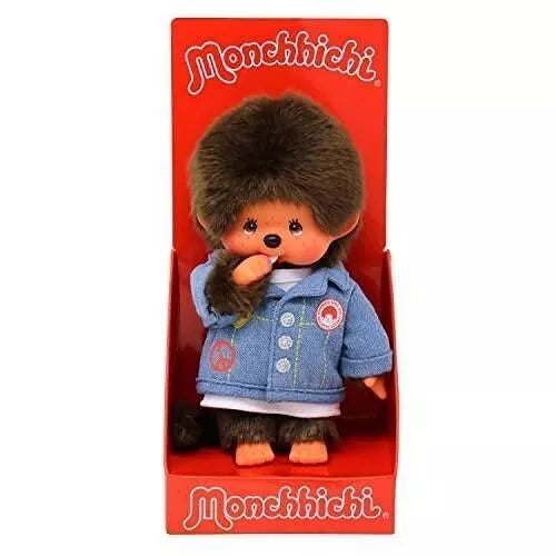 Peluche Monchhichi veste en jean - Peluche iconique des années 80