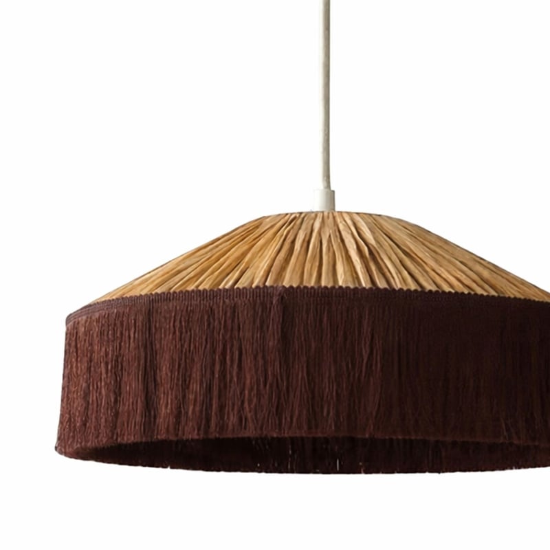Abat-jour suspension en papier façon raphia et franges Marron