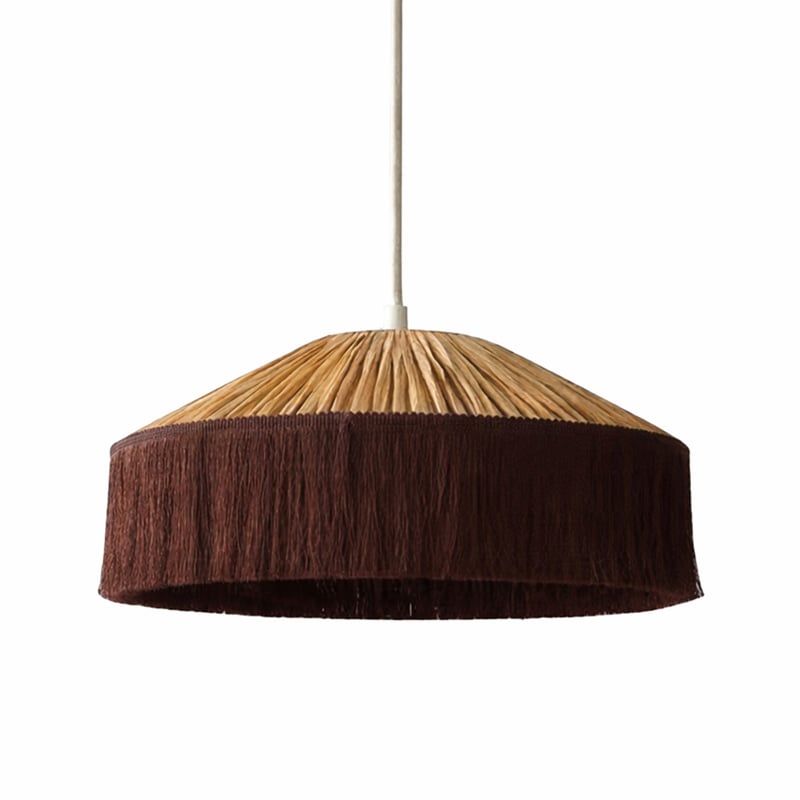 Abat-jour suspension en papier façon raphia et franges Marron