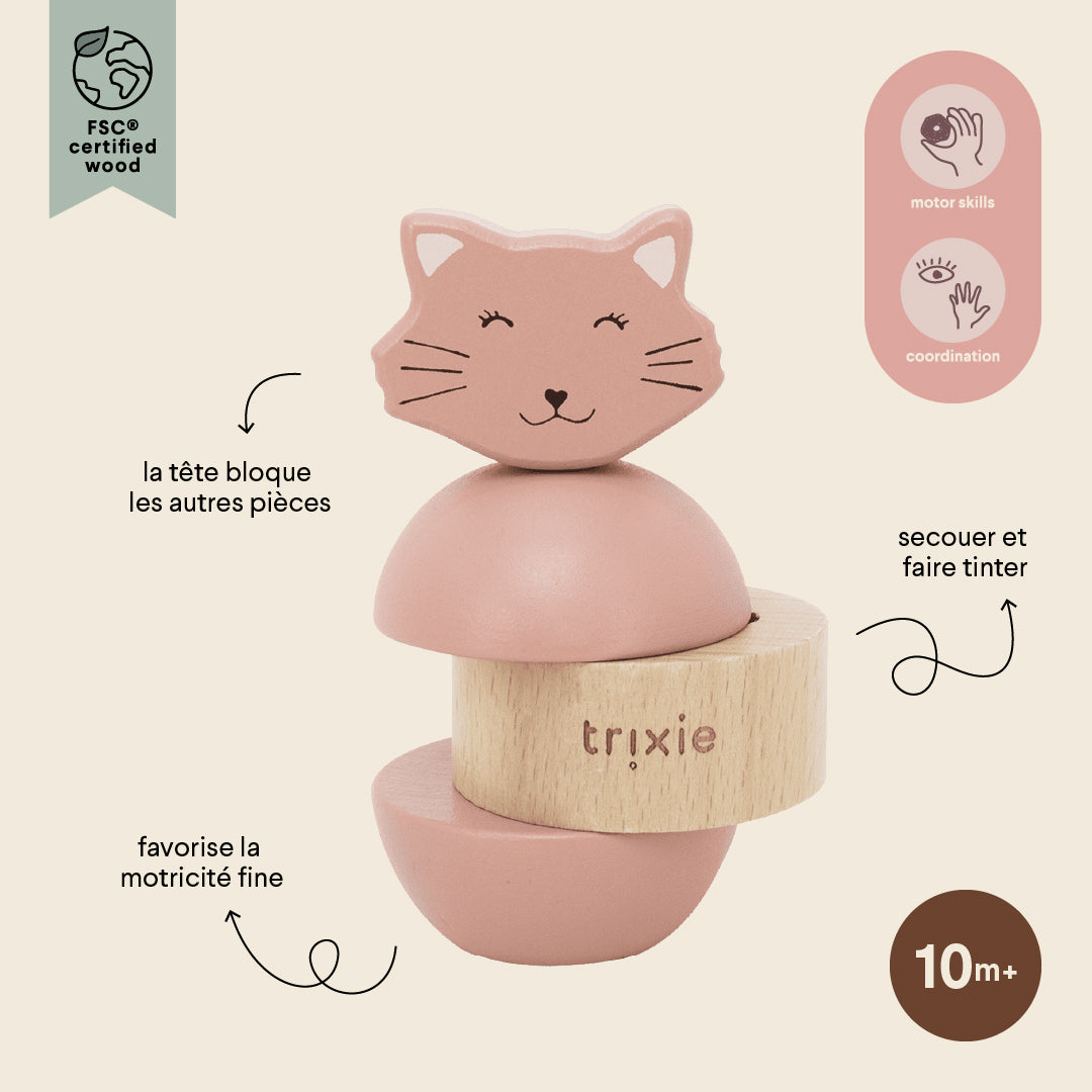 Jouet d’empilage avec hochet en bois - Mrs. Cat