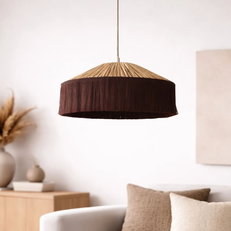 Abat-jour suspension en papier façon raphia et franges Marron