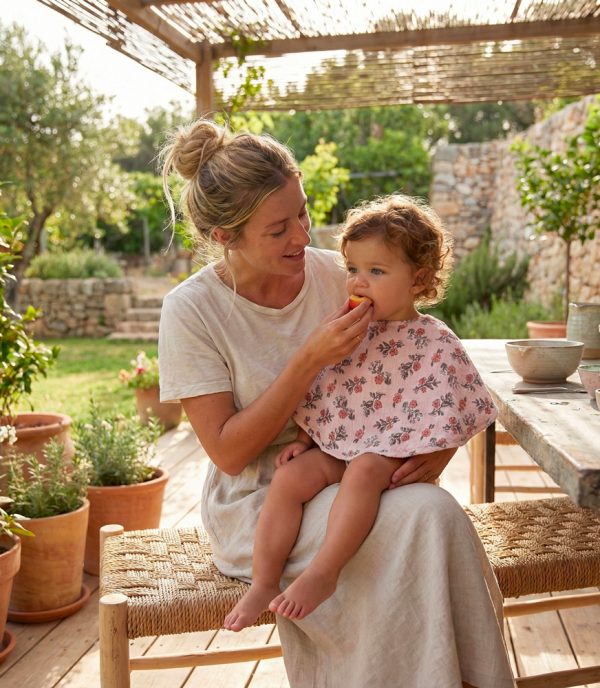 Bavoir 2 en 1 bi-matière (poncho/ épaule) fleurs/ biscuit - BB&Co
