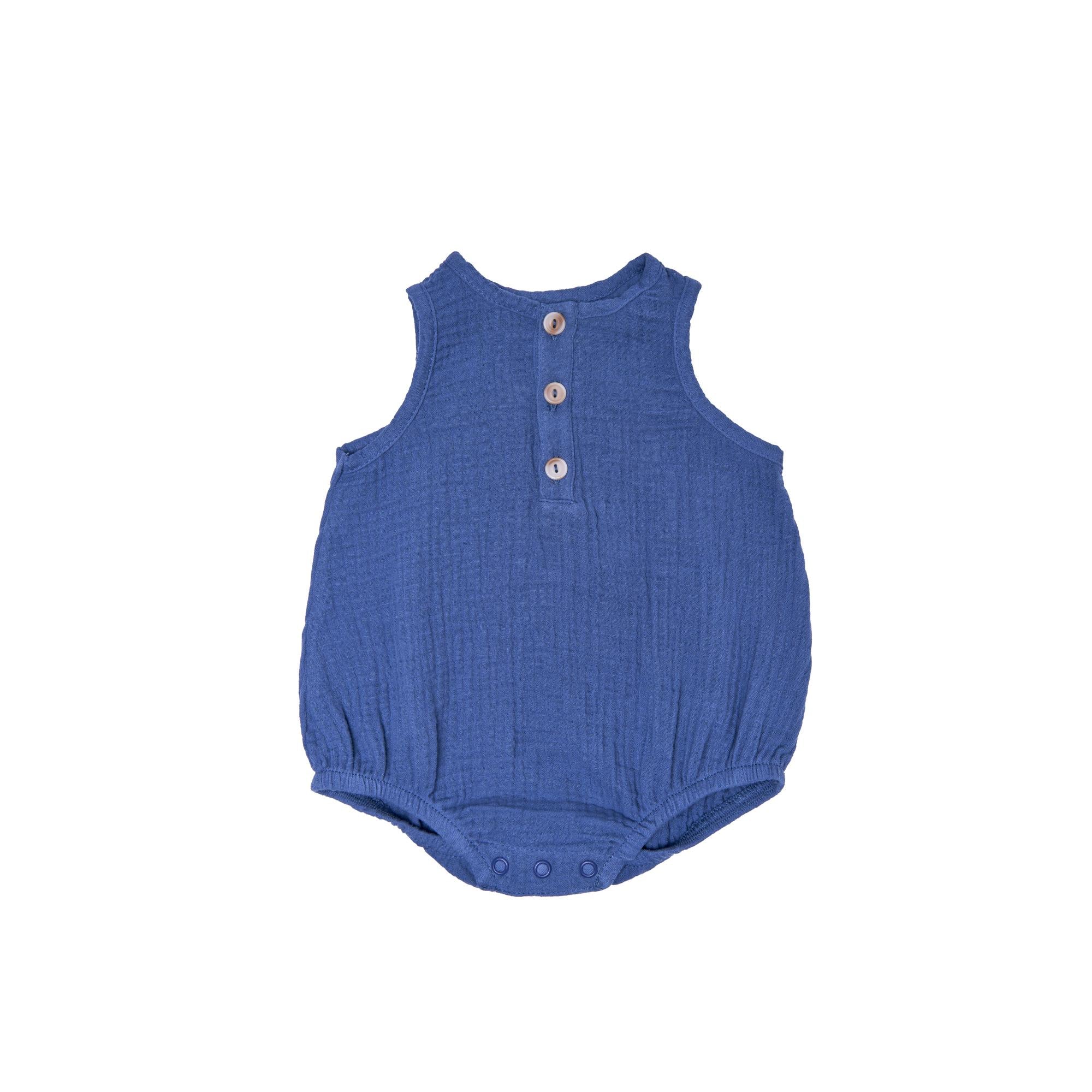 Barboteuse garçon sans manches - Gaze de coton pierre bleu