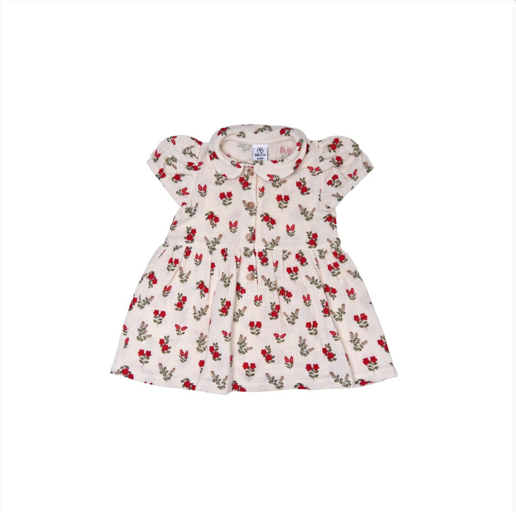 Robe rétro col claudine gaze de coton fleurs