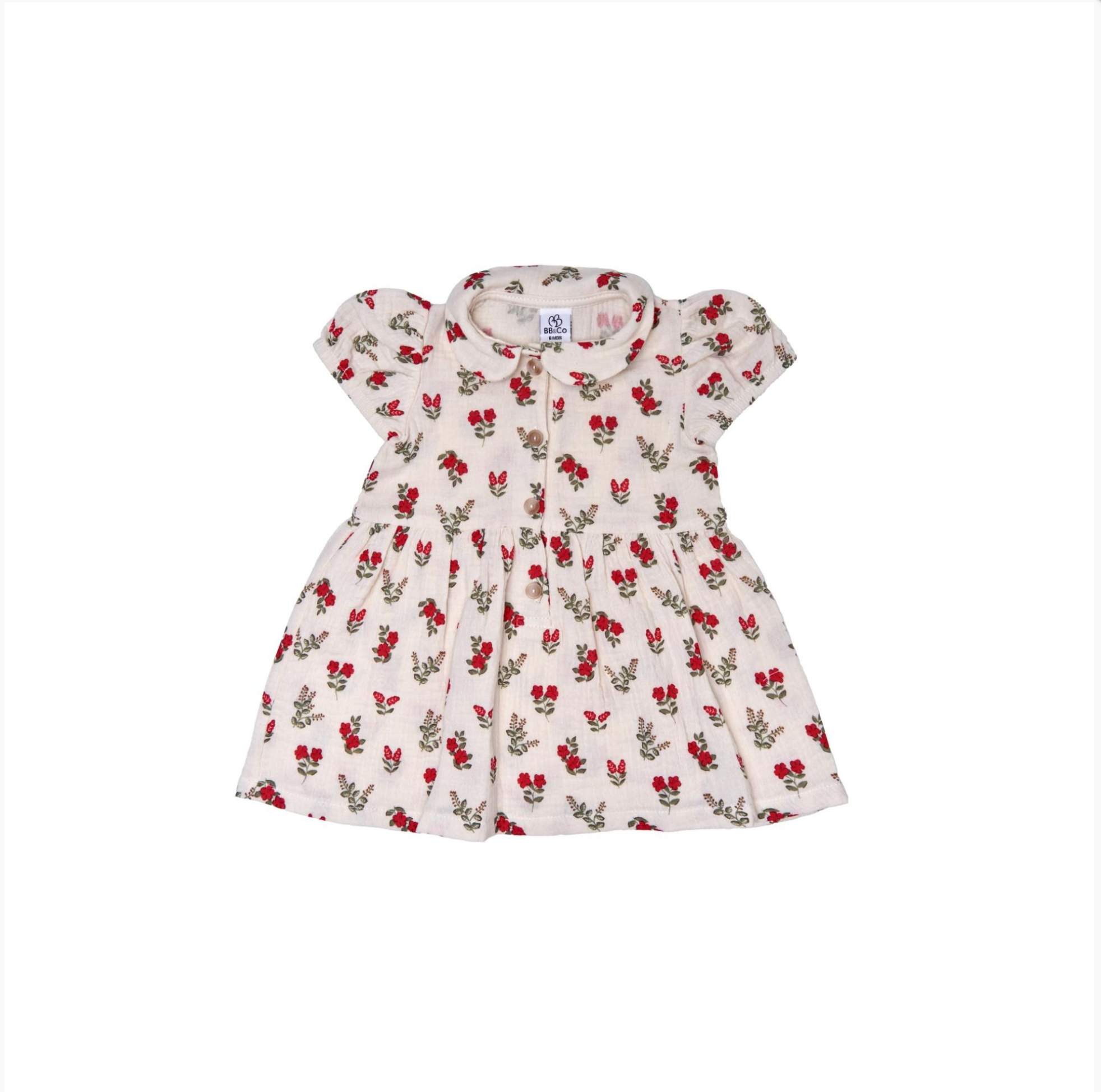Robe rétro col claudine gaze de coton fleurs