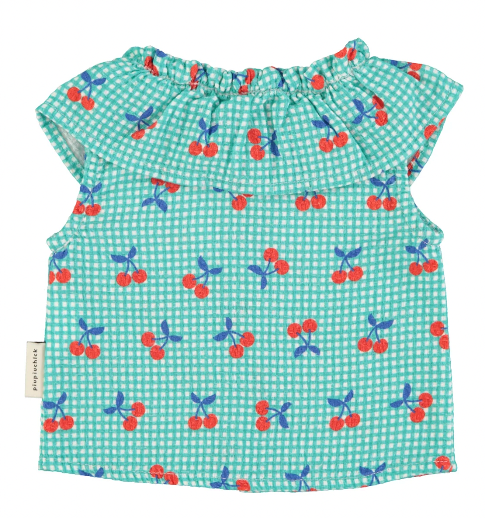 Chemisier bébé sans manches bleu à carreaux - Cerise