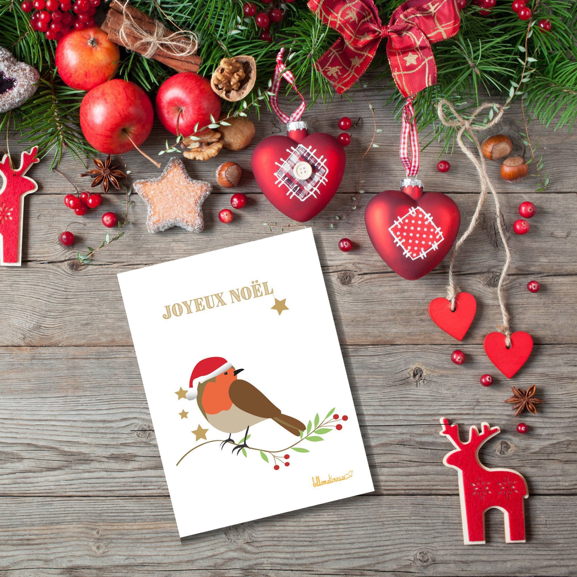 Carte de vœux Noël avec un adorable rouge-gorge rêveur