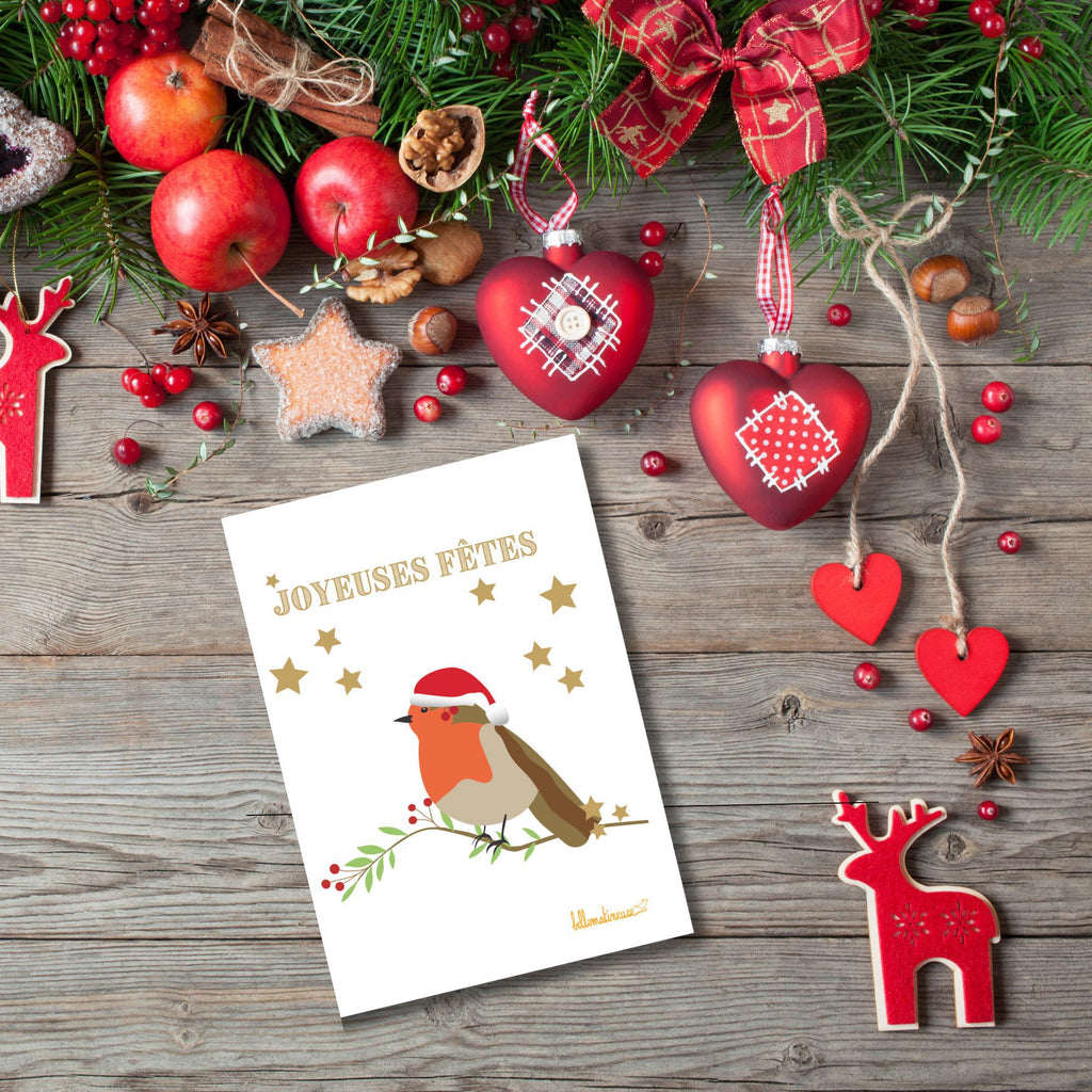Carte de vœux Noël avec un rouge-gorge et pluie d’étoiles