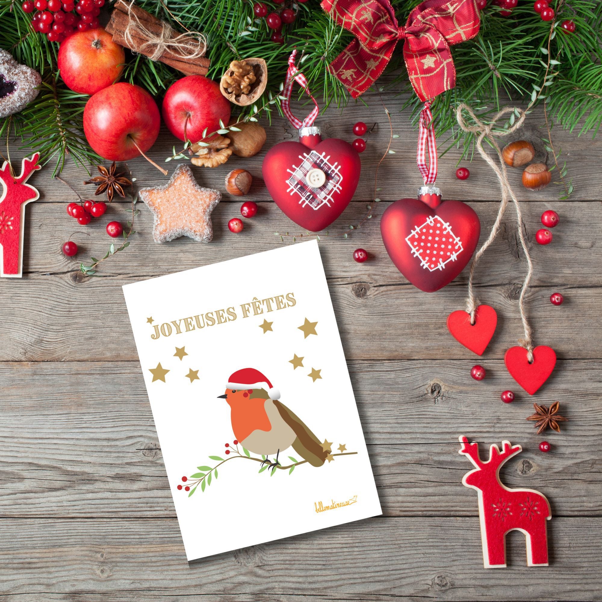 Carte de vœux Noël avec un rouge-gorge et pluie d’étoiles