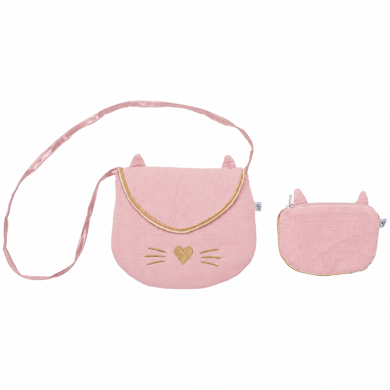 Sac bandoulière et porte-monnaie chat gaze de coton brush or