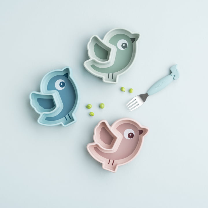 Assiette ventouse en silicone stick & stay - oiseau - vert
