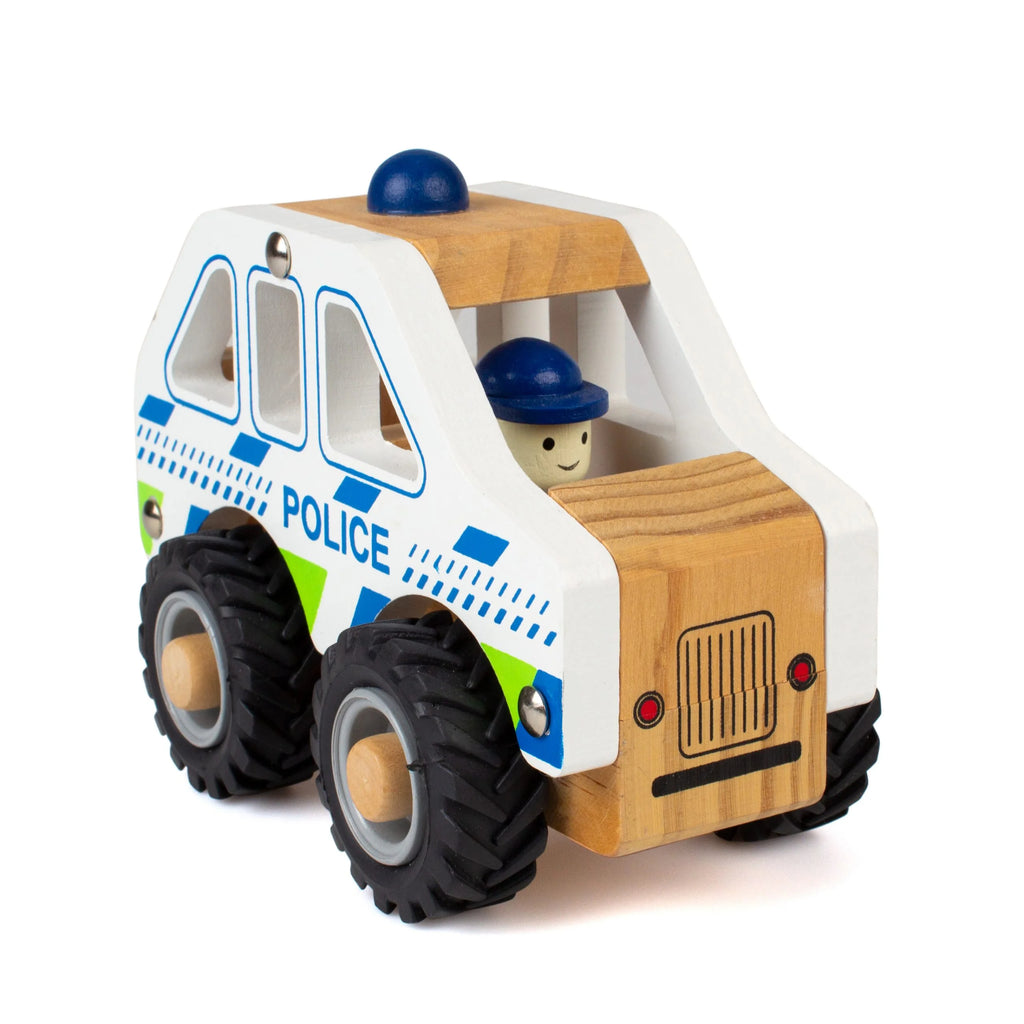 Voiture de police en bois avec roues en caoutchouc – blanc