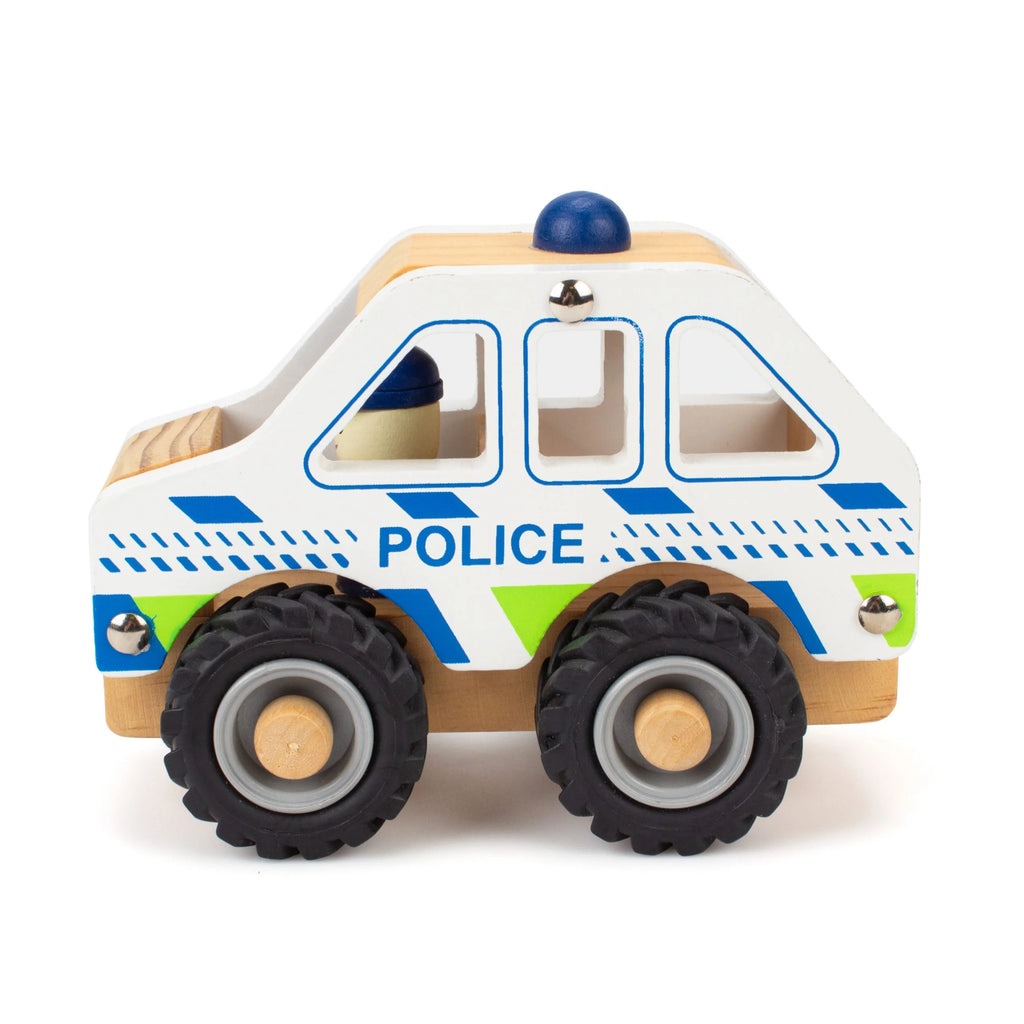Voiture de police en bois avec roues en caoutchouc – blanc