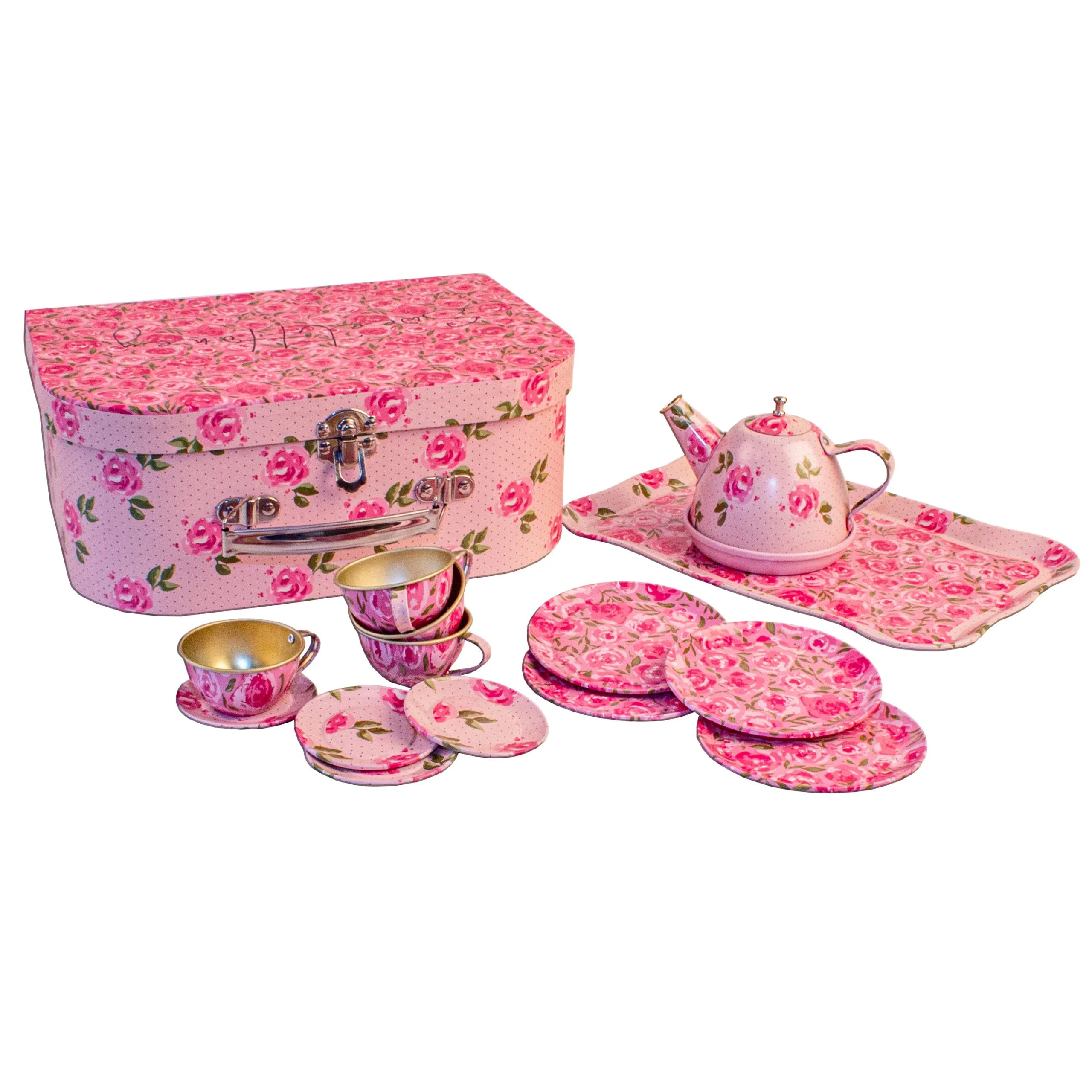 Service à thé en métal dans valisette – fleurs roses