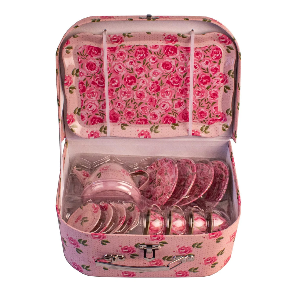 Service à thé en métal dans valisette – fleurs roses