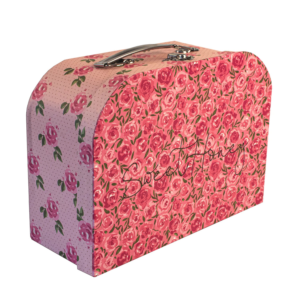 Service à thé en métal dans valisette – fleurs roses