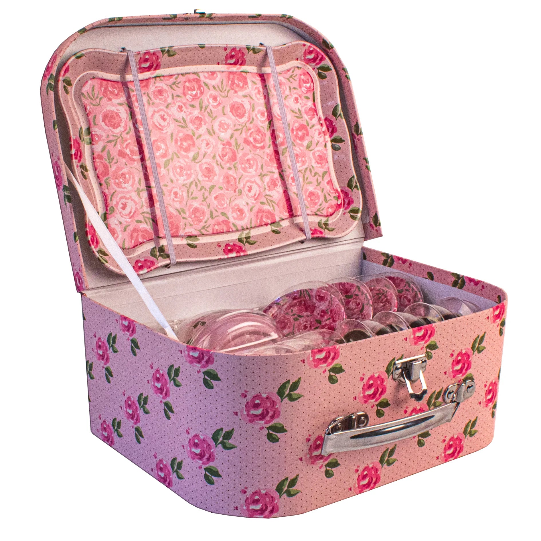 Service à thé en métal dans valisette – fleurs roses