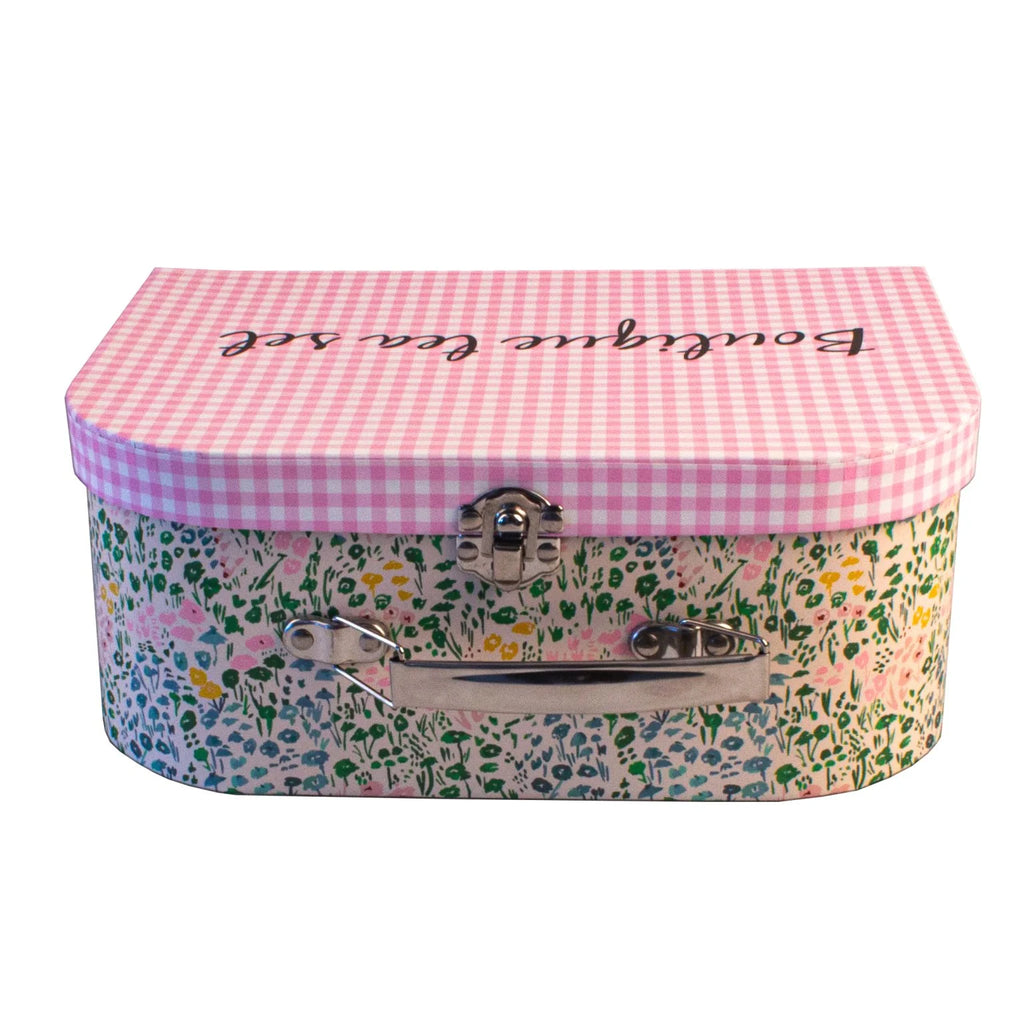 Service à thé en métal dans valisette – fleurs vertes / vichy rose