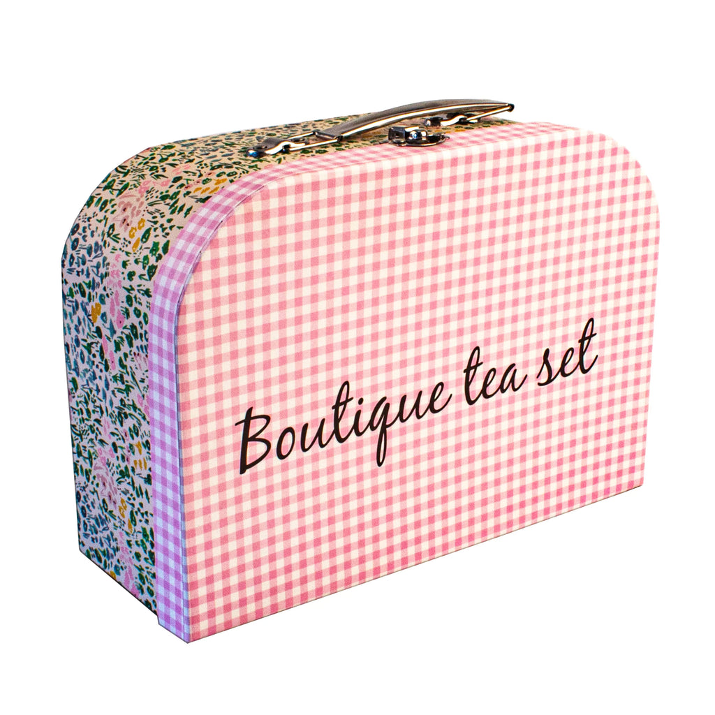 Service à thé en métal dans valisette – fleurs vertes / vichy rose