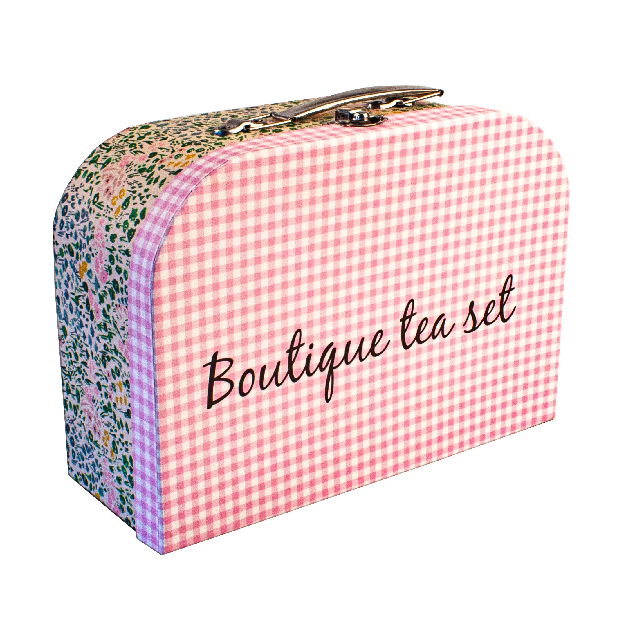 Service à thé en métal dans valisette – fleurs vertes / vichy rose