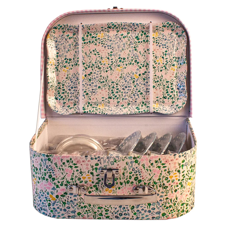 Service à thé en métal dans valisette – fleurs vertes / vichy rose