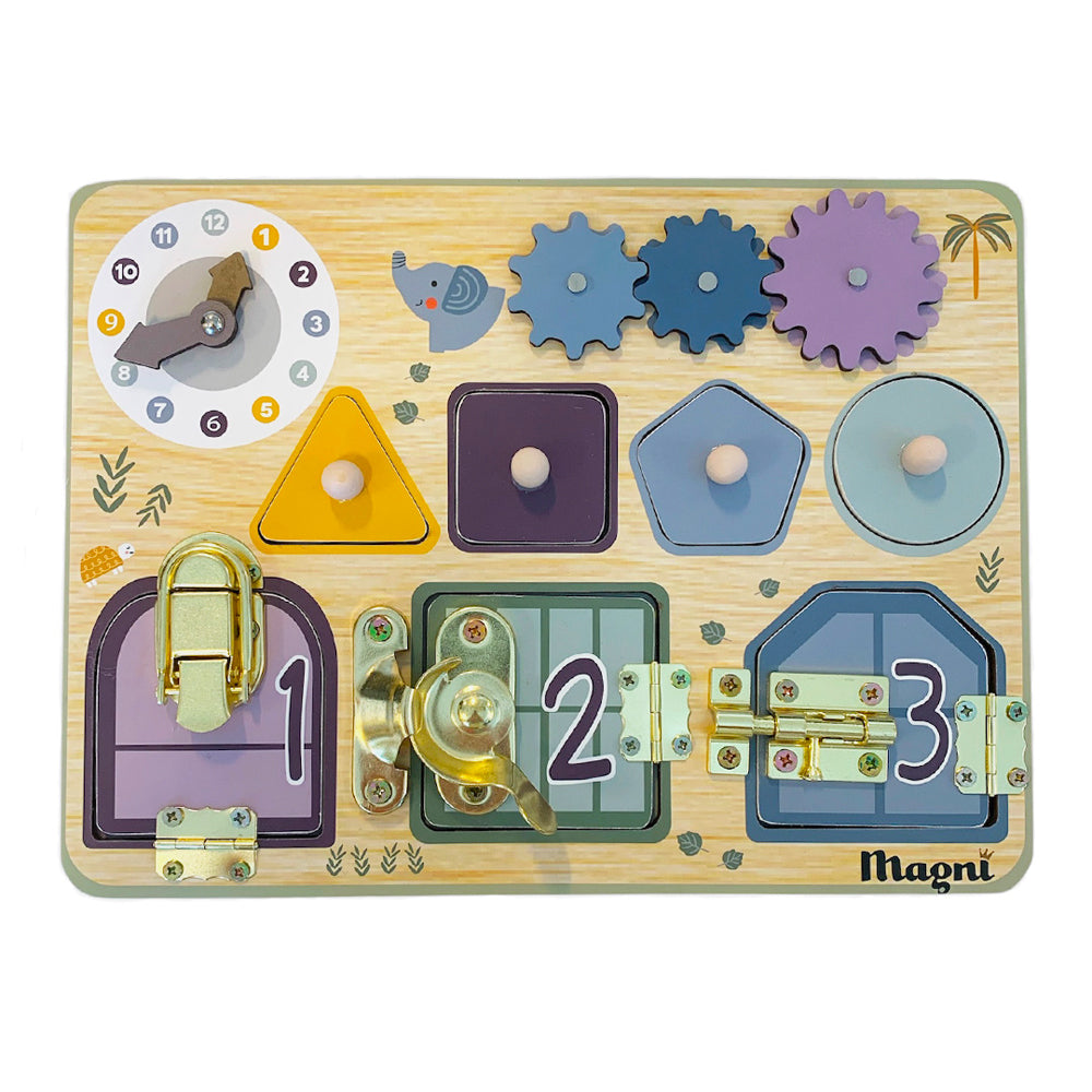 Magni – Tableau d’éveil en bois Montessori à verrous et engrenages