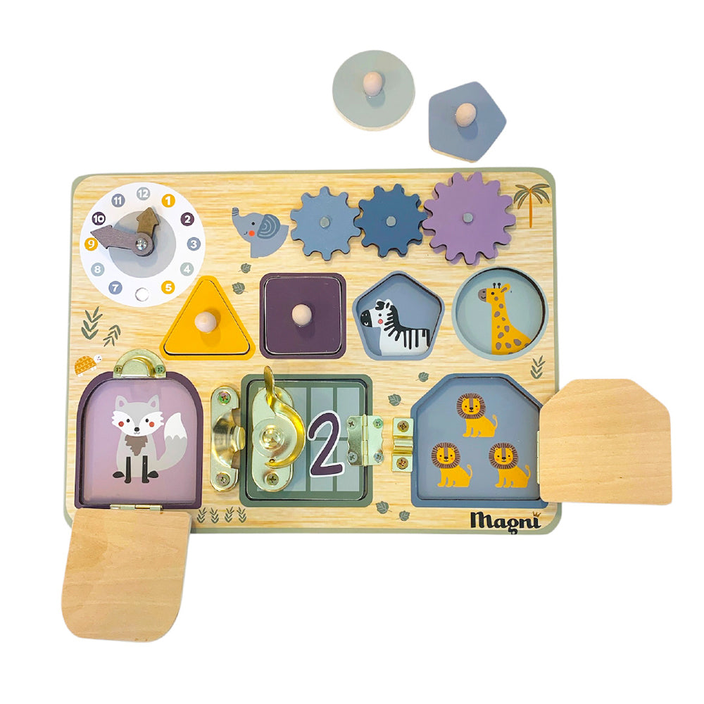 Magni – Tableau d’éveil en bois Montessori à verrous et engrenages