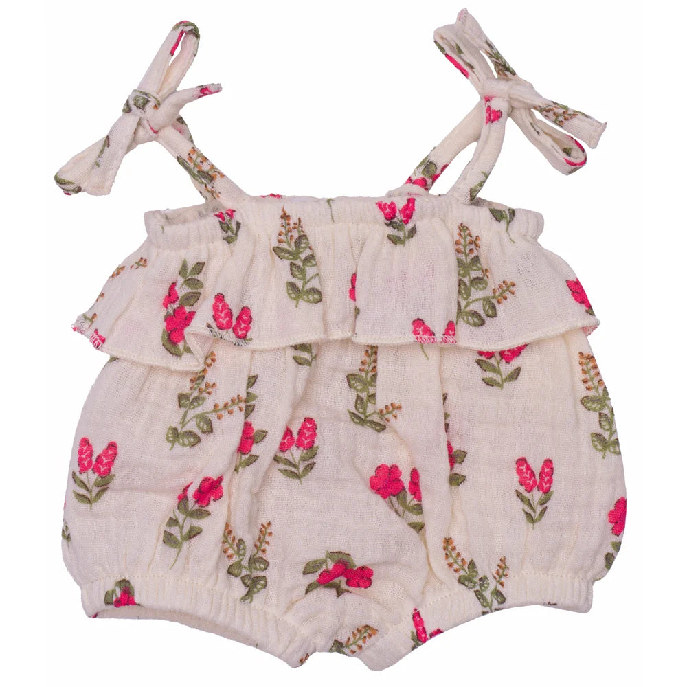 Barboteuse bretelles à volant liberty pour poupée 34 à 37 cm