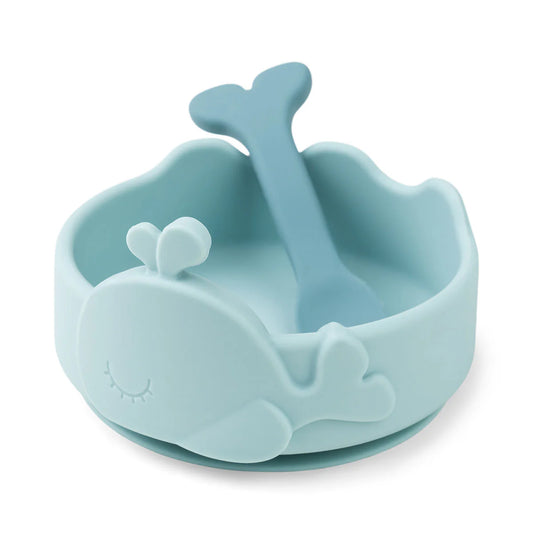 Bol et cuillère pour bébé en silicone Stick&Stay - Wally - Bleu