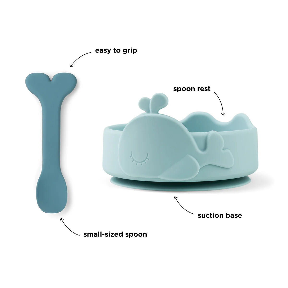 Bol et cuillère pour bébé en silicone Stick&Stay - Wally - Bleu