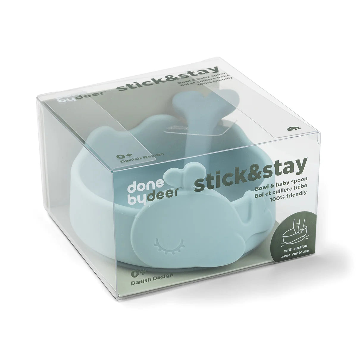 Bol et cuillère pour bébé en silicone Stick&Stay - Wally - Bleu