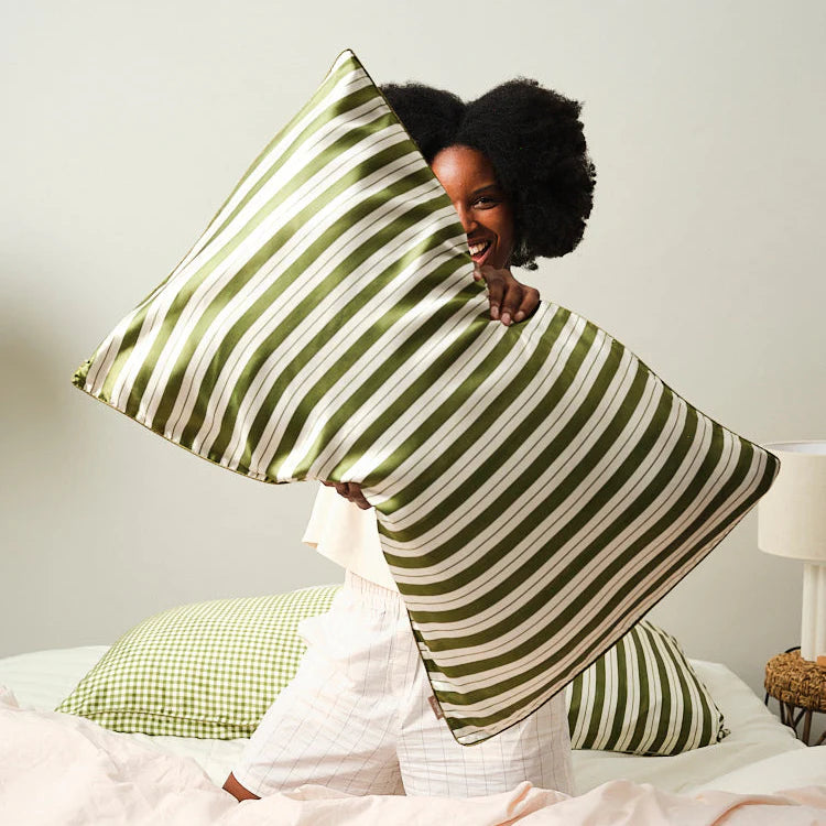 Taie d'oreiller 100% pure soie de mûrier- Rayures vertes 65x65cm