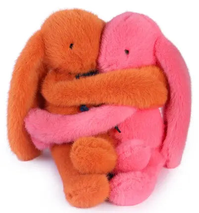 PELUCHE CALIN DE POCHE - DUO LAPINS 22 CM - POTIRON/CORAIL