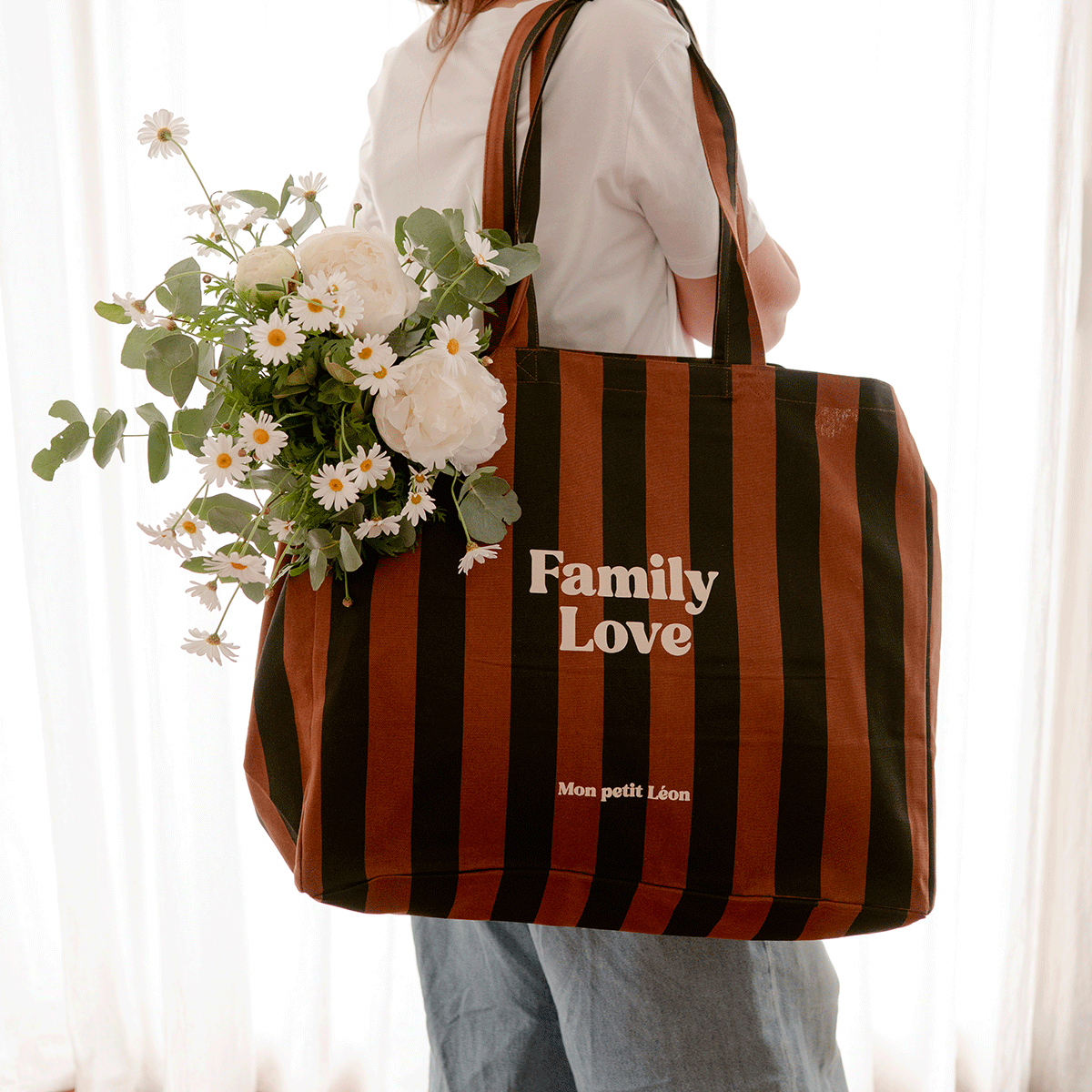 Cabas XXL - Rayures marrons et noirs, Family Love