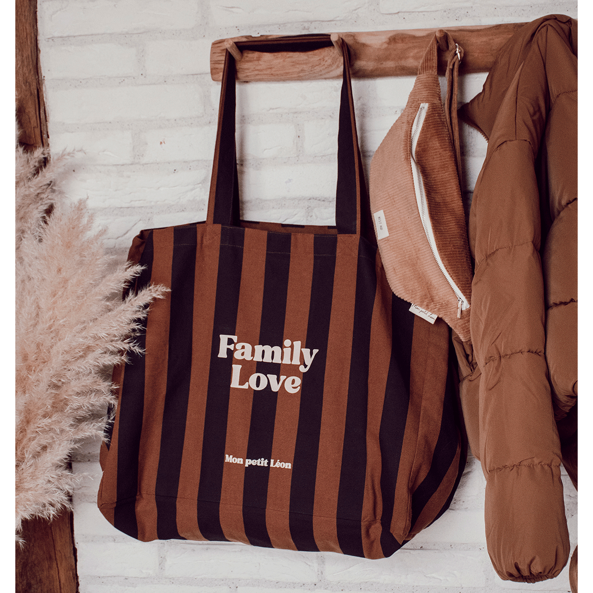 Cabas XXL - Rayures marrons et noirs, Family Love