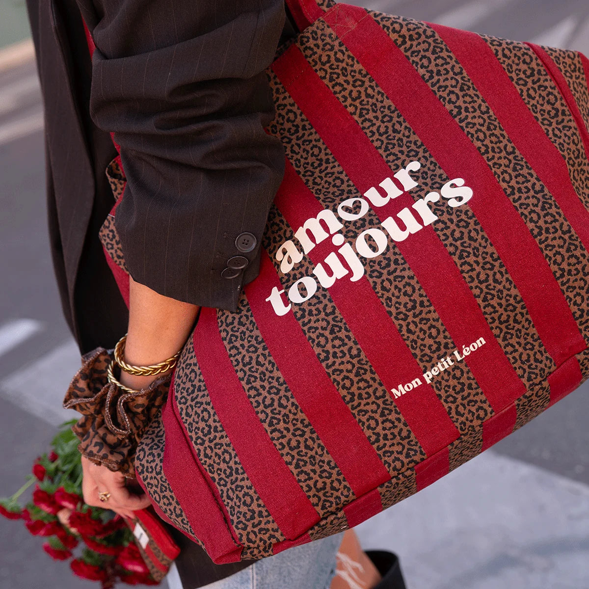 Cabas XXL Rayures Léopard Cherry - amour toujours